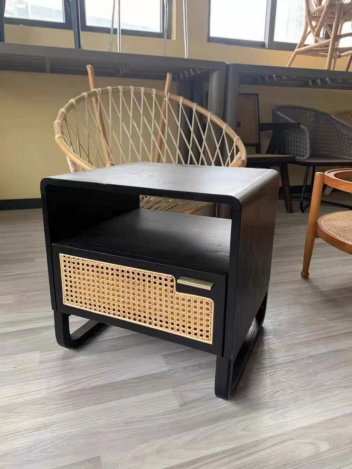 Black Rattan Woven Nightstand with 1 Drawer Q846609