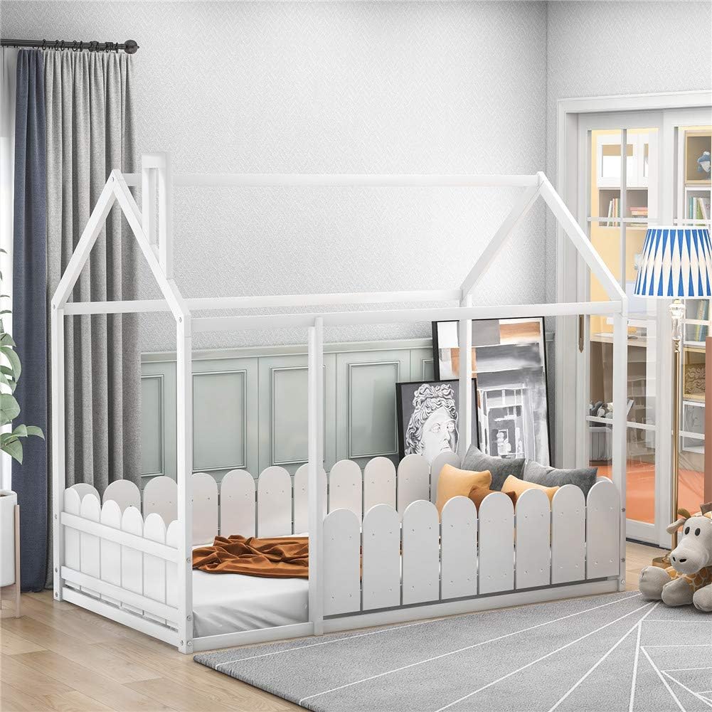 Twin Size Wood House Bed Frame with Fence G158549