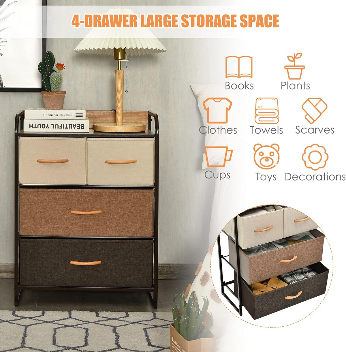 4 Drawer Fabric Dresser with Steel Frame and Wooden Top K573