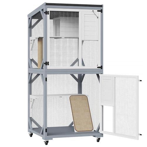 Outdoor Cat Enclosure on Wheels, 2-Tier Waterproof Catio with Scratching Post, Gray and White D4961