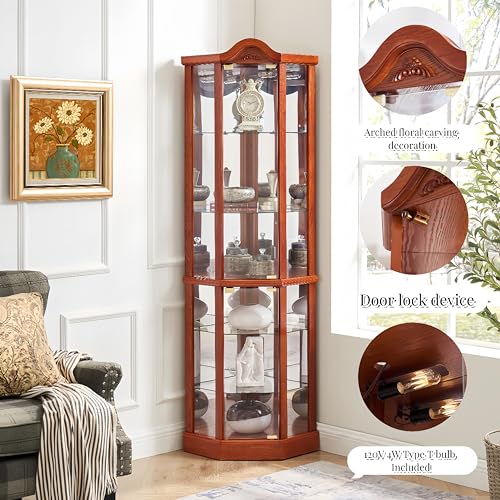 Oak Lighted Wooden Corner Display Curio Cabinet with Tempered Glass Doors N27001