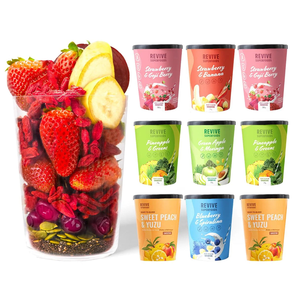 Wellness Bundle 9 Pack with Green Apple & Moringa, Pineapple & Greens X2, Strawberry & Banana, Strawberry & Goji Berry X2, Blueberry & Spirulina, Sweet Peach & Yuzu X2 F4113