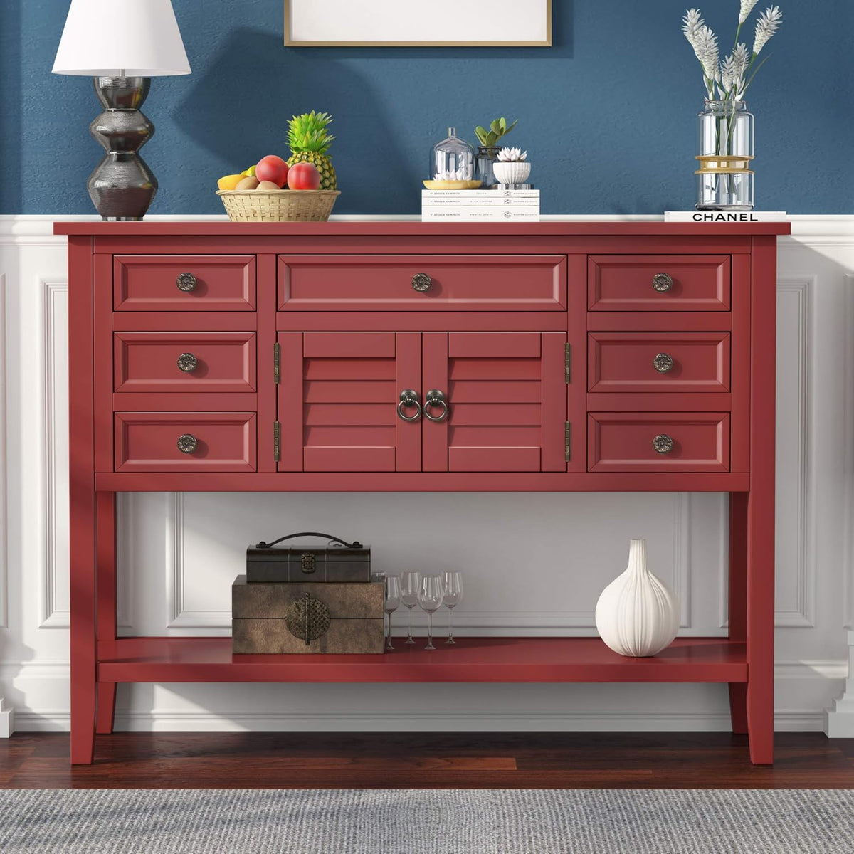 Solid Wood Console Table with 7 Drawers, 1 Cabinet and Shelf, Blue, 45.3x15x33.7 in F140