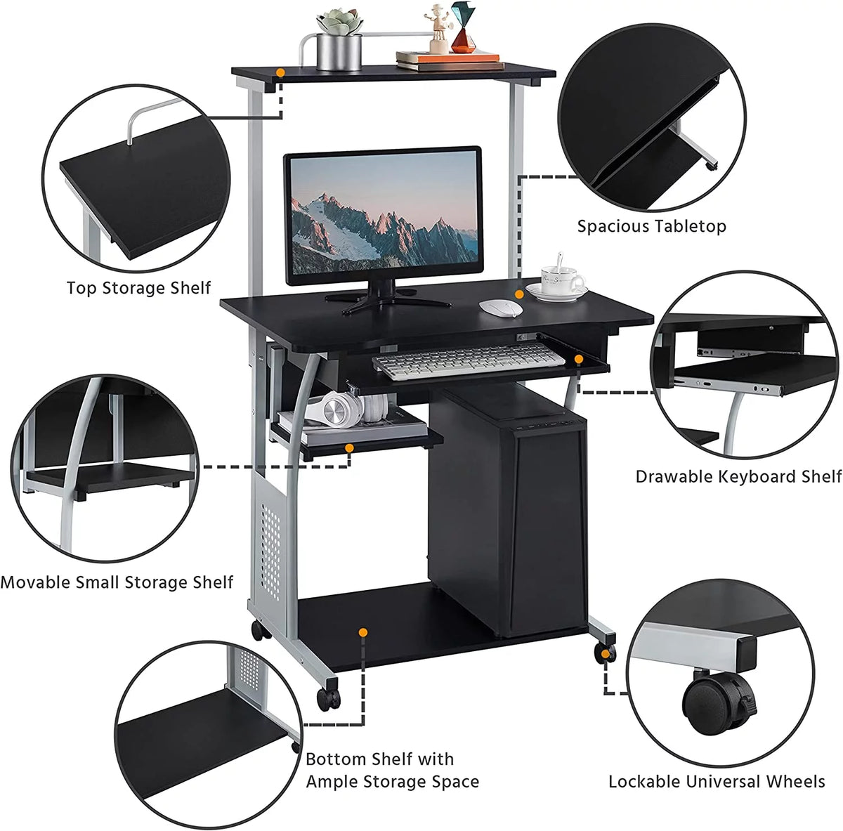 Black 2 Tier Rolling Computer Desk with Keyboard Tray C73135