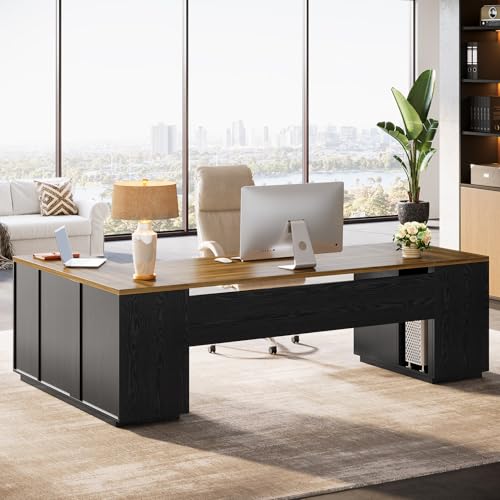 85.8-Inch L-Shaped Executive Desk with File Drawers, Door Cabinet & Shelves, White & Brown K153