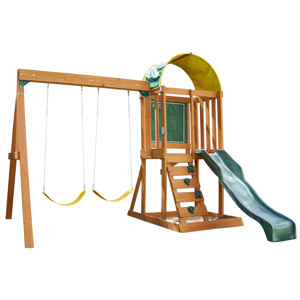 Wooden Outdoor Swing Set with Slide and Rock Wall O79845