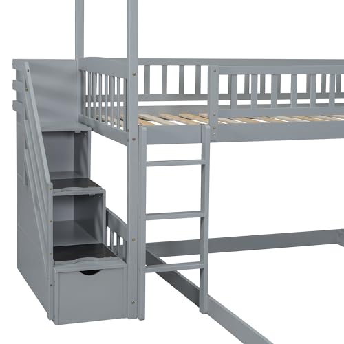 Twin Over Full Bunk Bed with Stairs and Slide, Gray S561