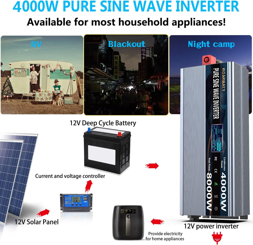 4000Watt 12V DC to AC 110V Power Inverter with Remote Control 4 AC Outlets Dual USB Port F351