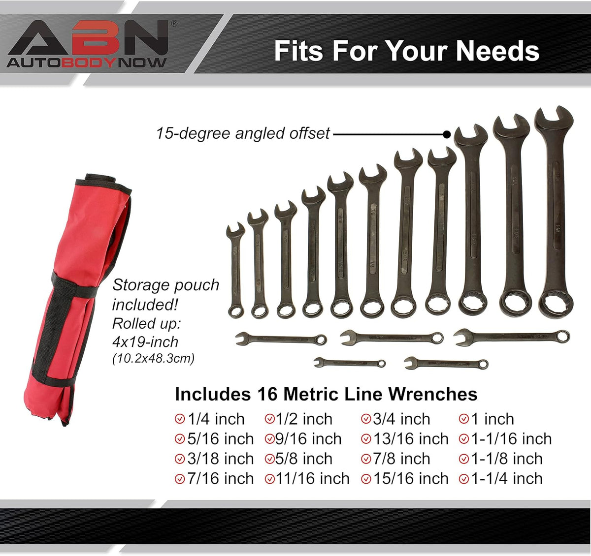 16 Pc SAE Combination Wrench Set with Roll Up Pouch Y535