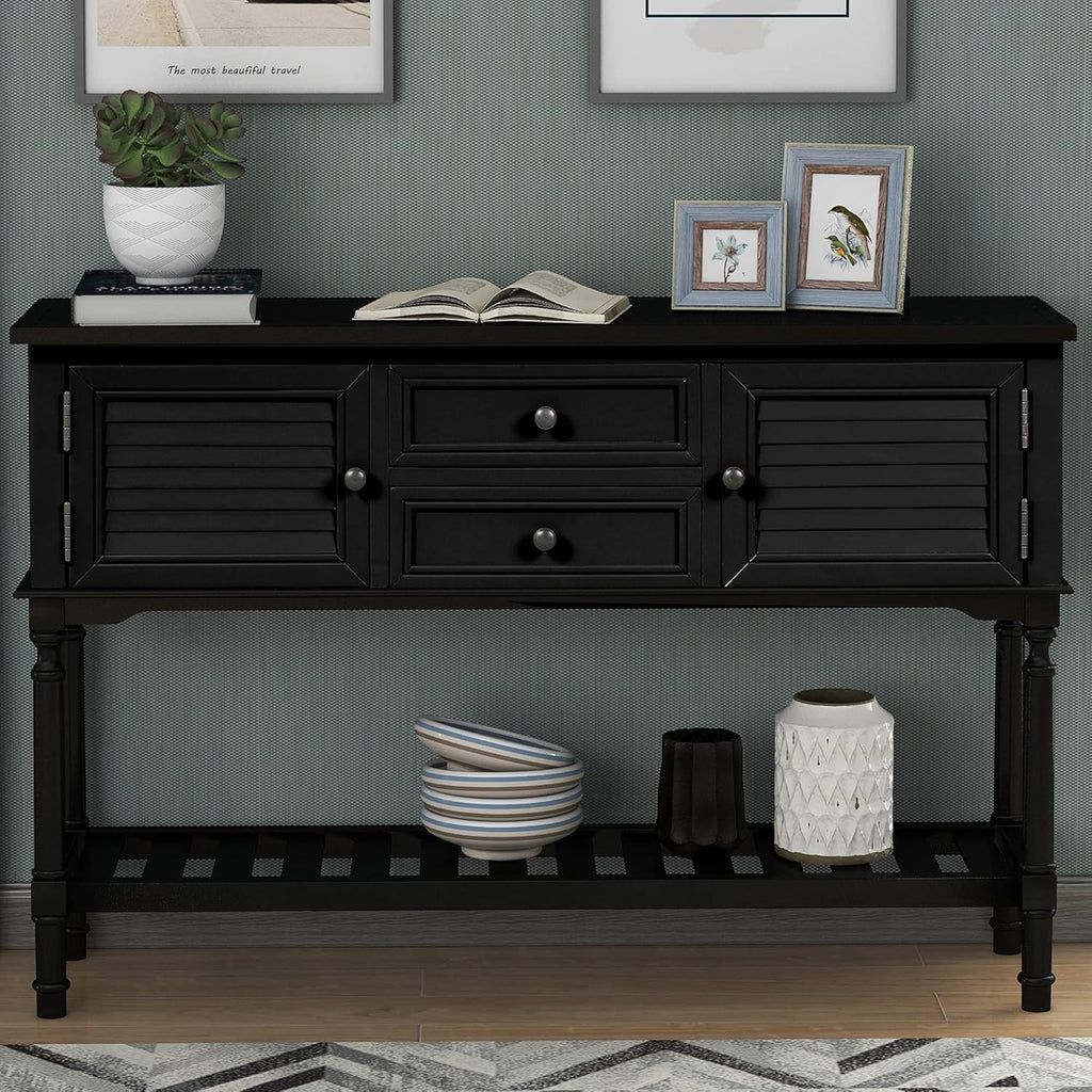 Solid Wood Console Table with 7 Drawers, 1 Cabinet and Shelf, Blue, 45.3x15x33.7 in F140