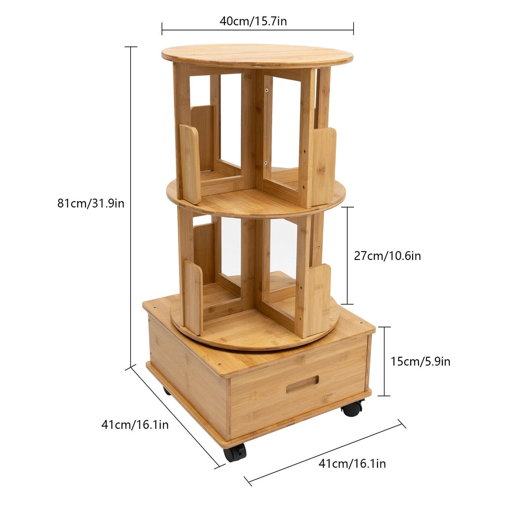 2 Tiers Rotating Bamboo Side Table with Wheels F735727