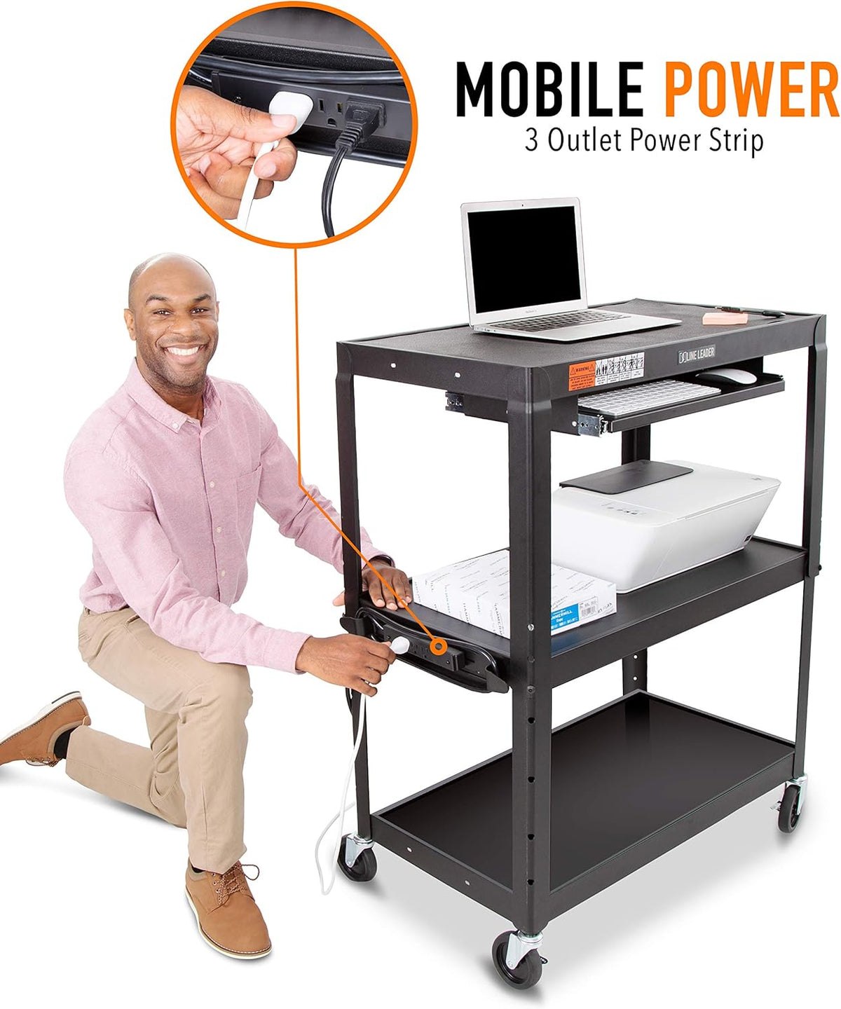 Large AV Cart with Retractable Keyboard Tray Height Adjustable Utility Cart Black 34in x 18in x 42in X34054