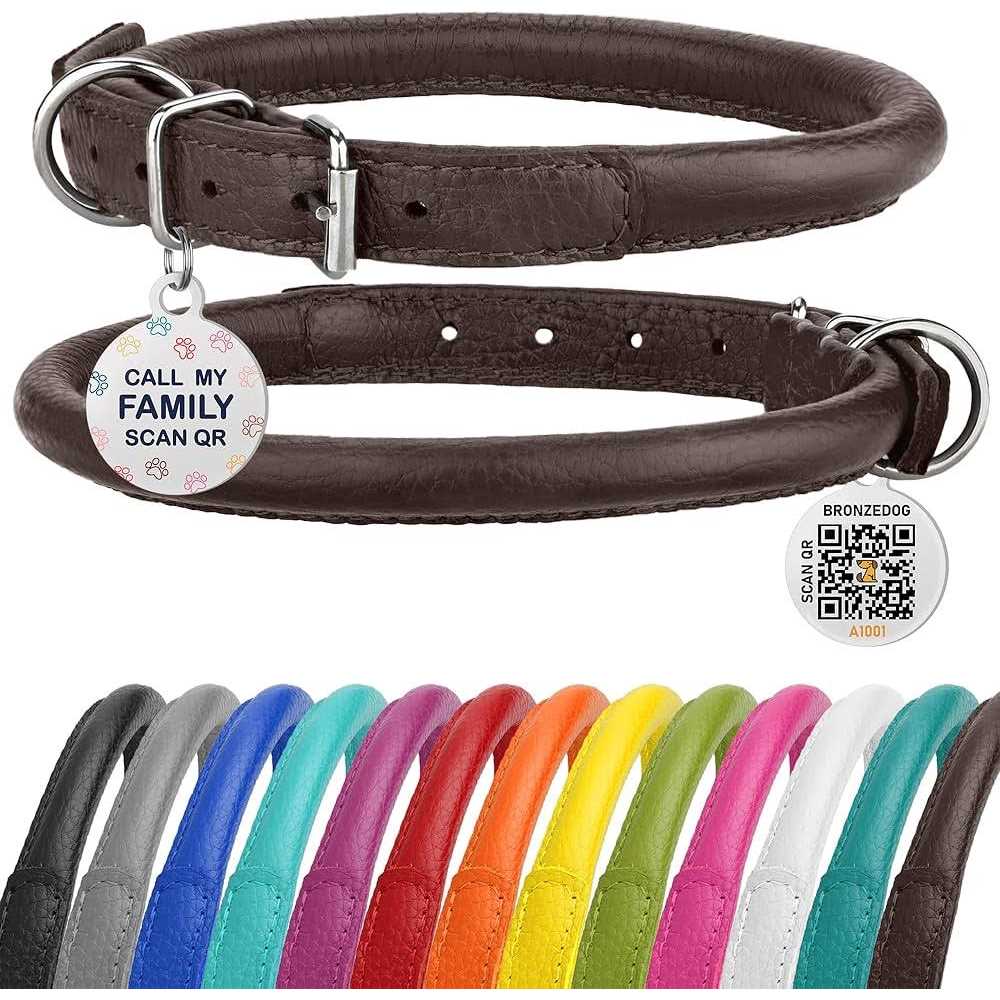 Rolled Leather Dog Collar with QR ID Dog Tag H326