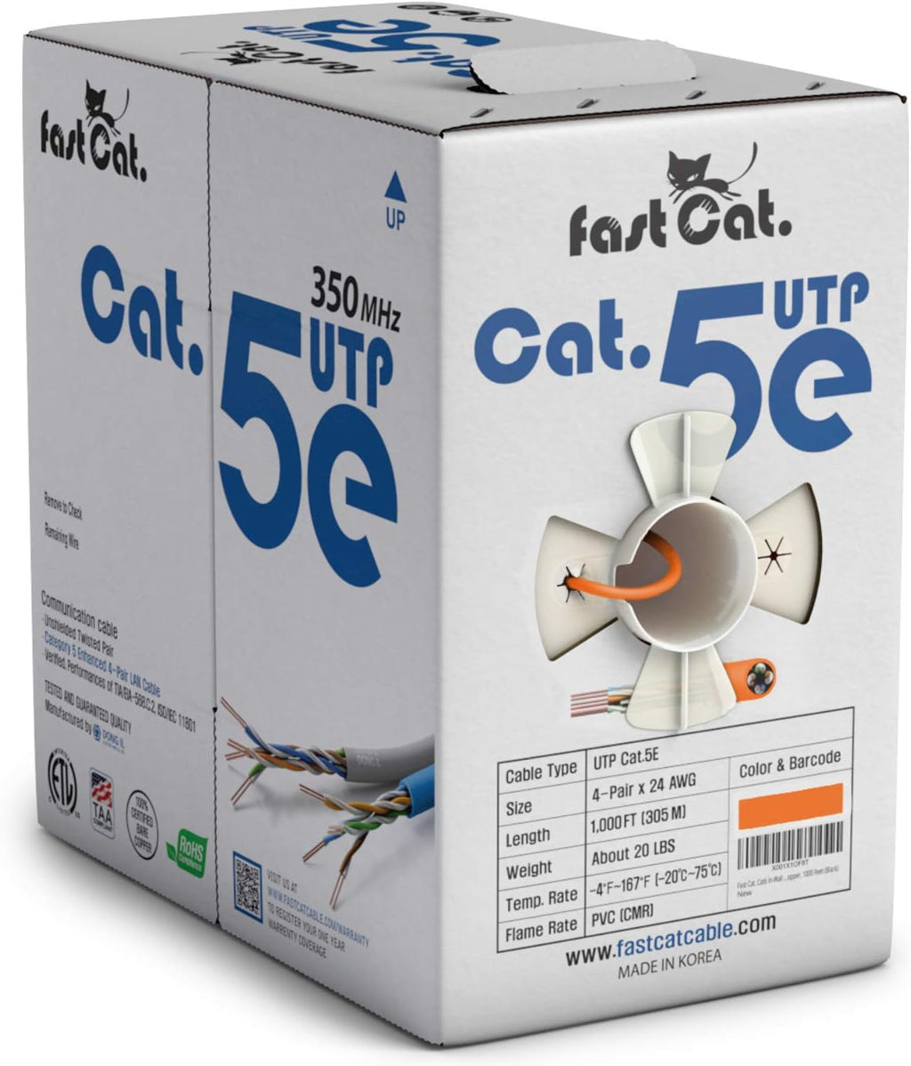 Cat5e Ethernet Cable 1000ft - 24 AWG CMR Bare Copper UTP LAN Cable (Orange) A5603