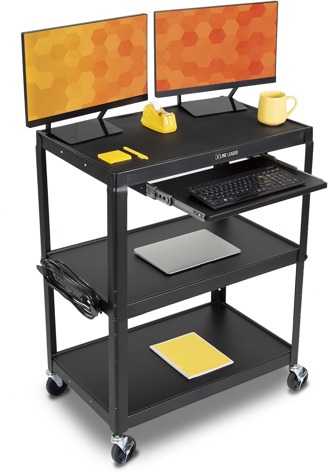 Large AV Cart with Retractable Keyboard Tray Height Adjustable Utility Cart Black 34in x 18in x 42in X34054
