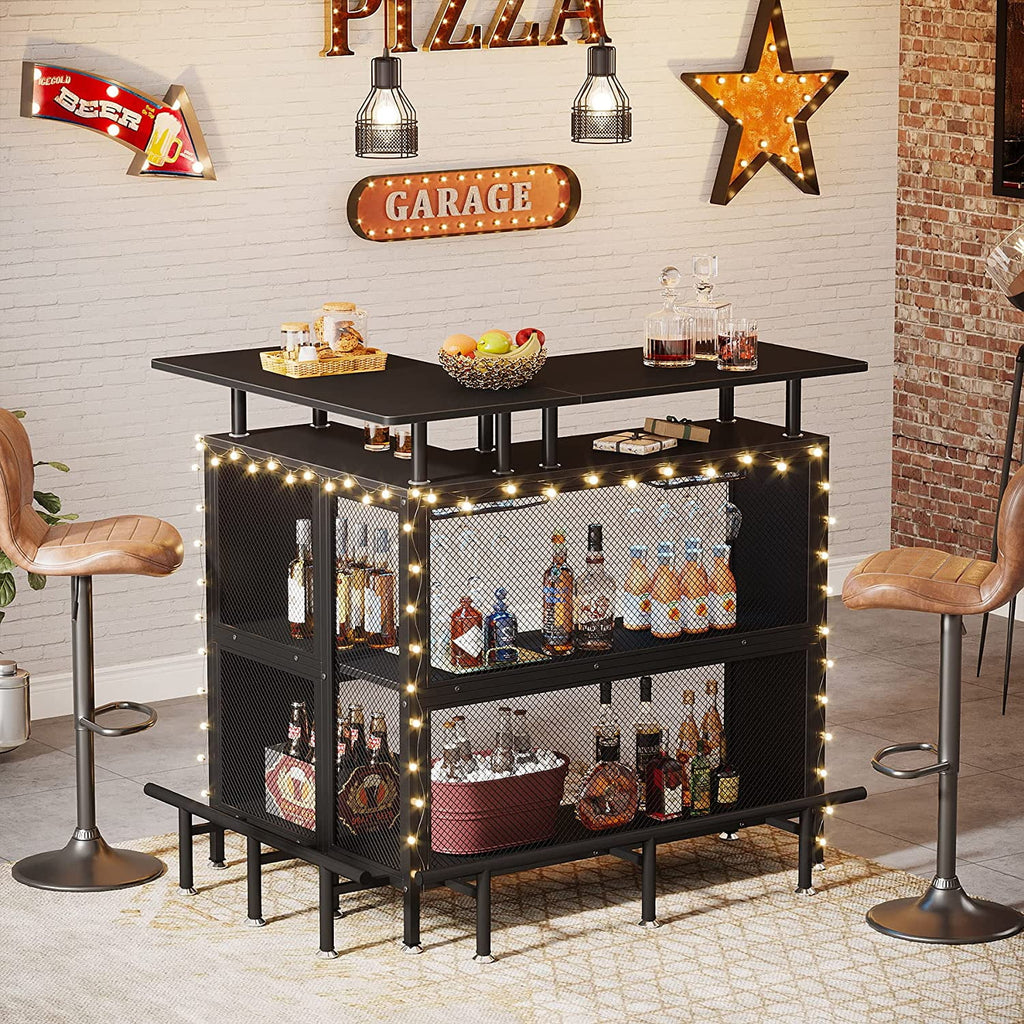 L-Shaped Black Bar Table with Stemware Racks and Shelves M966