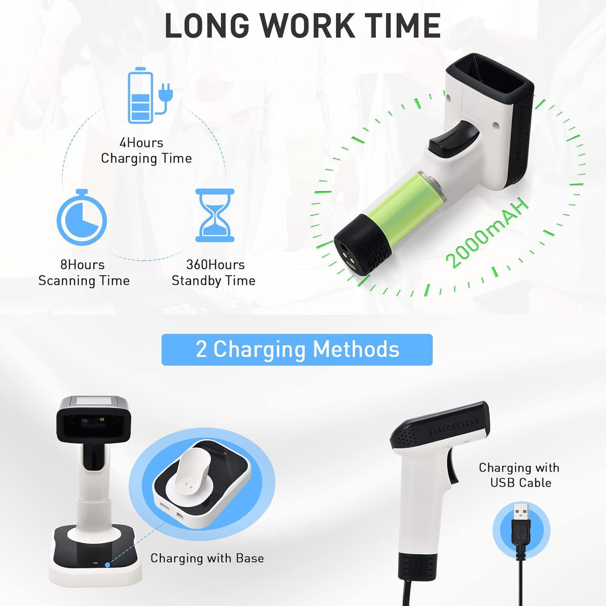 2 in 1 Wireless & Wired Barcode Scanner with Charging Base, Pack of 2 P192