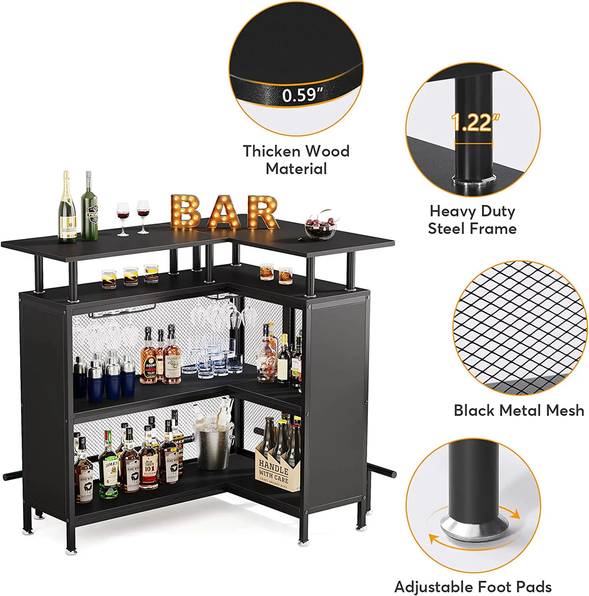 L-Shaped Black Bar Table with Stemware Racks and Shelves M966