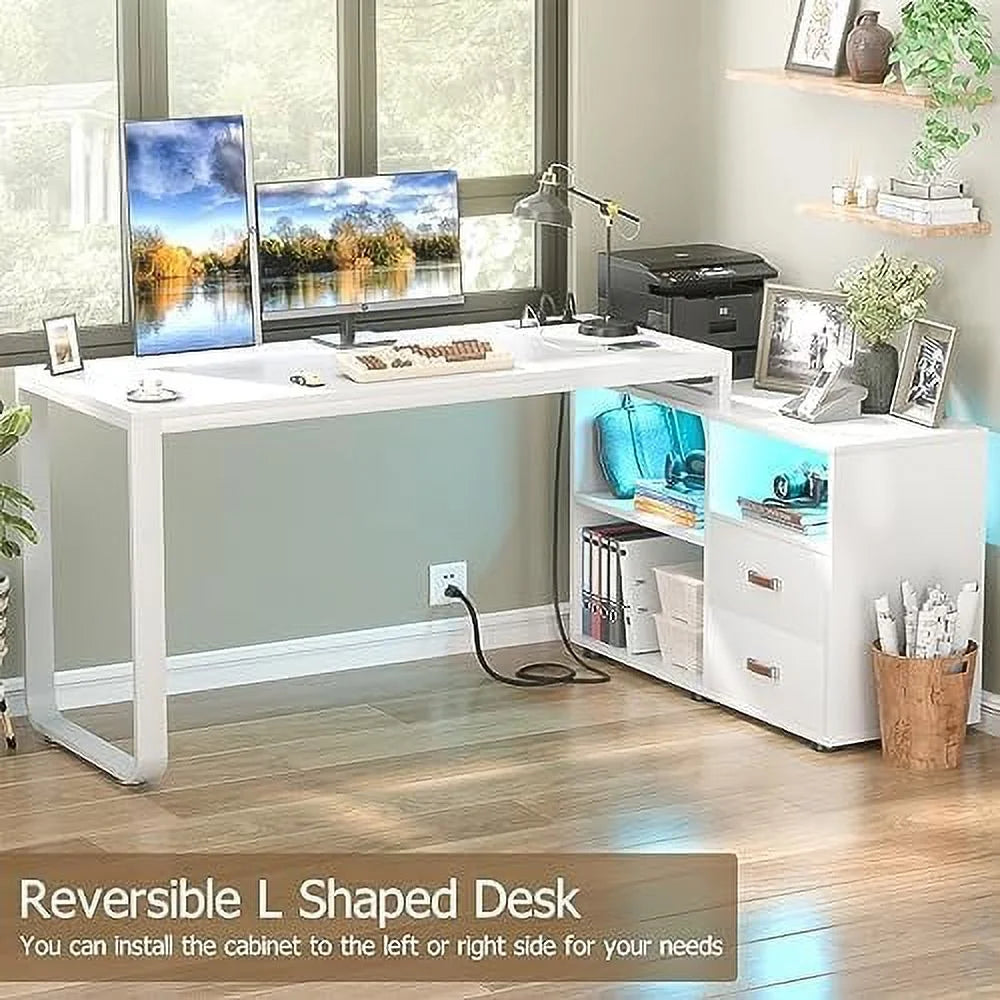 55 Inch Black L Shaped Computer Desk with File Cabinet and Drawers A2423