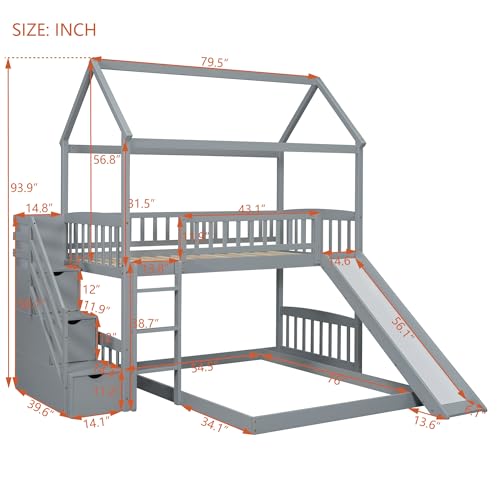 Twin Over Full Bunk Bed with Stairs and Slide, Gray S561