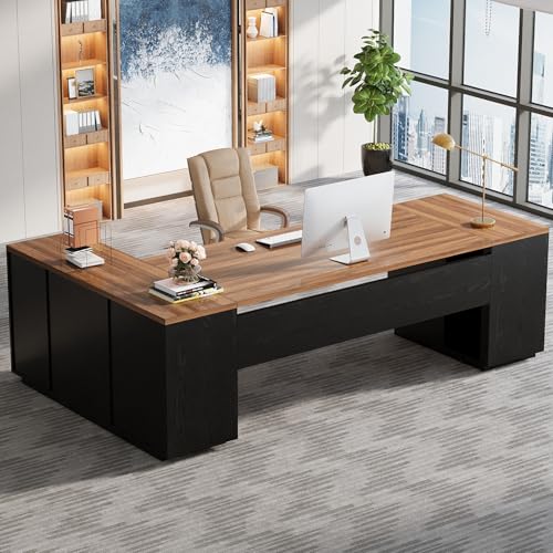 85.8-Inch L-Shaped Executive Desk with File Drawers, Door Cabinet & Shelves, White & Brown K153