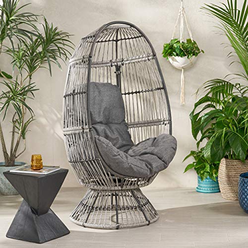 Light Brown Beige Wicker Swivel Egg Chair with Cushion N3997
