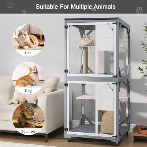 Outdoor Cat Enclosure on Wheels, 2-Tier Waterproof Catio with Scratching Post, Gray and White D4961