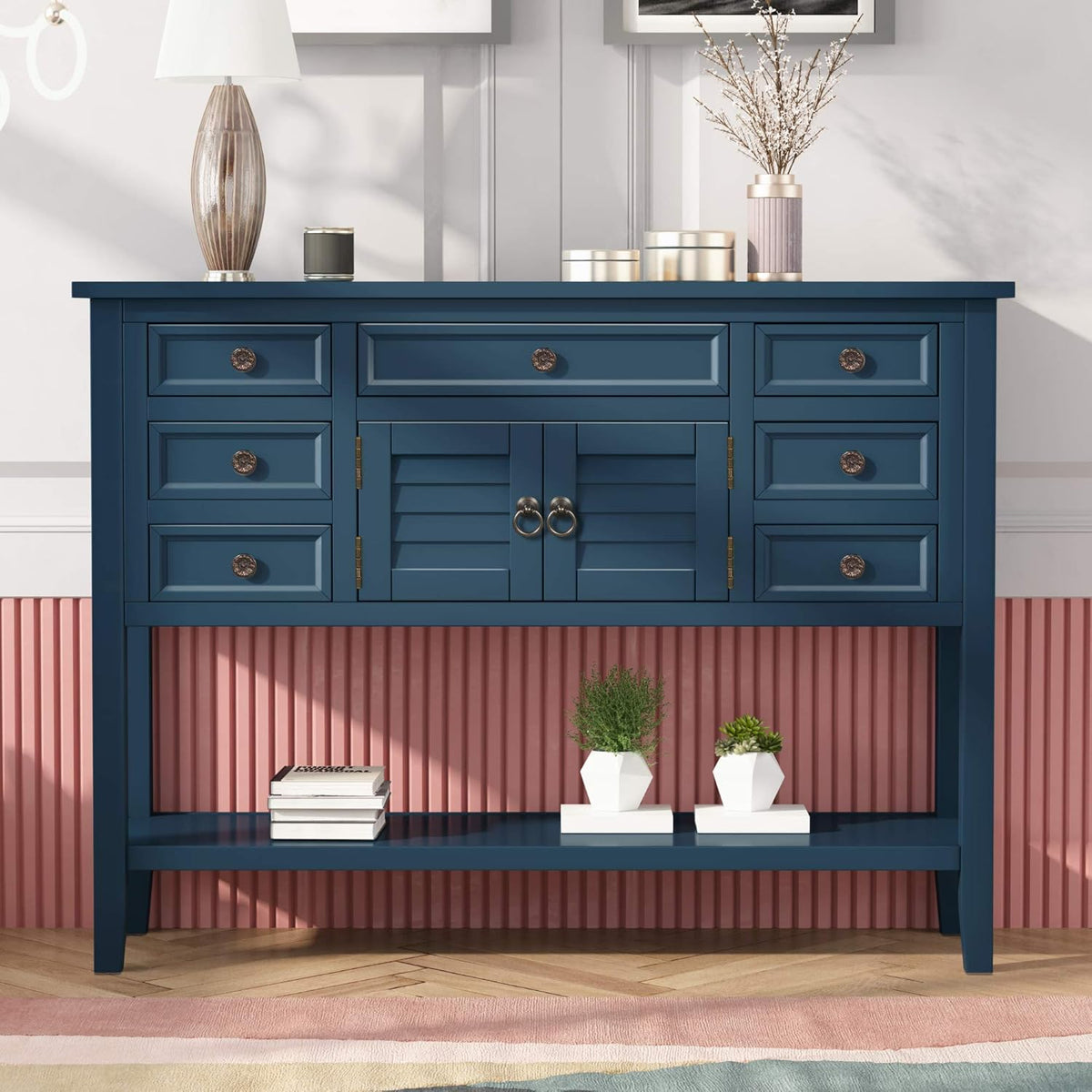 Solid Wood Console Table with 7 Drawers, 1 Cabinet and Shelf, Blue, 45.3x15x33.7 in F140