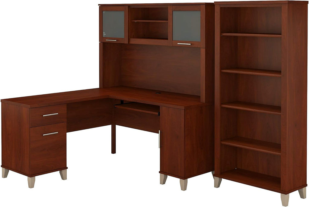 L Shaped Desk with Hutch and 5 Shelf Bookcase B240157