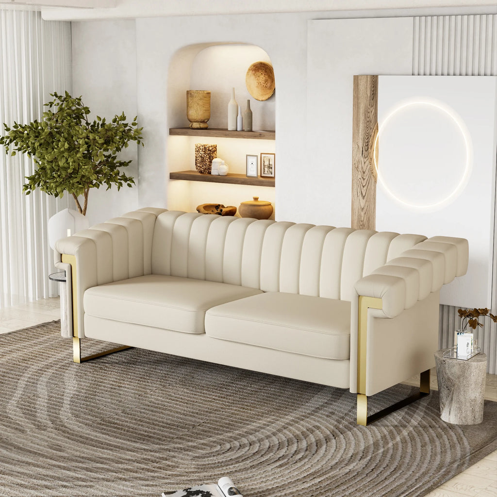 3 Seater Faux Leather Sofa with Removable Cushions and Gold Metal Legs X243