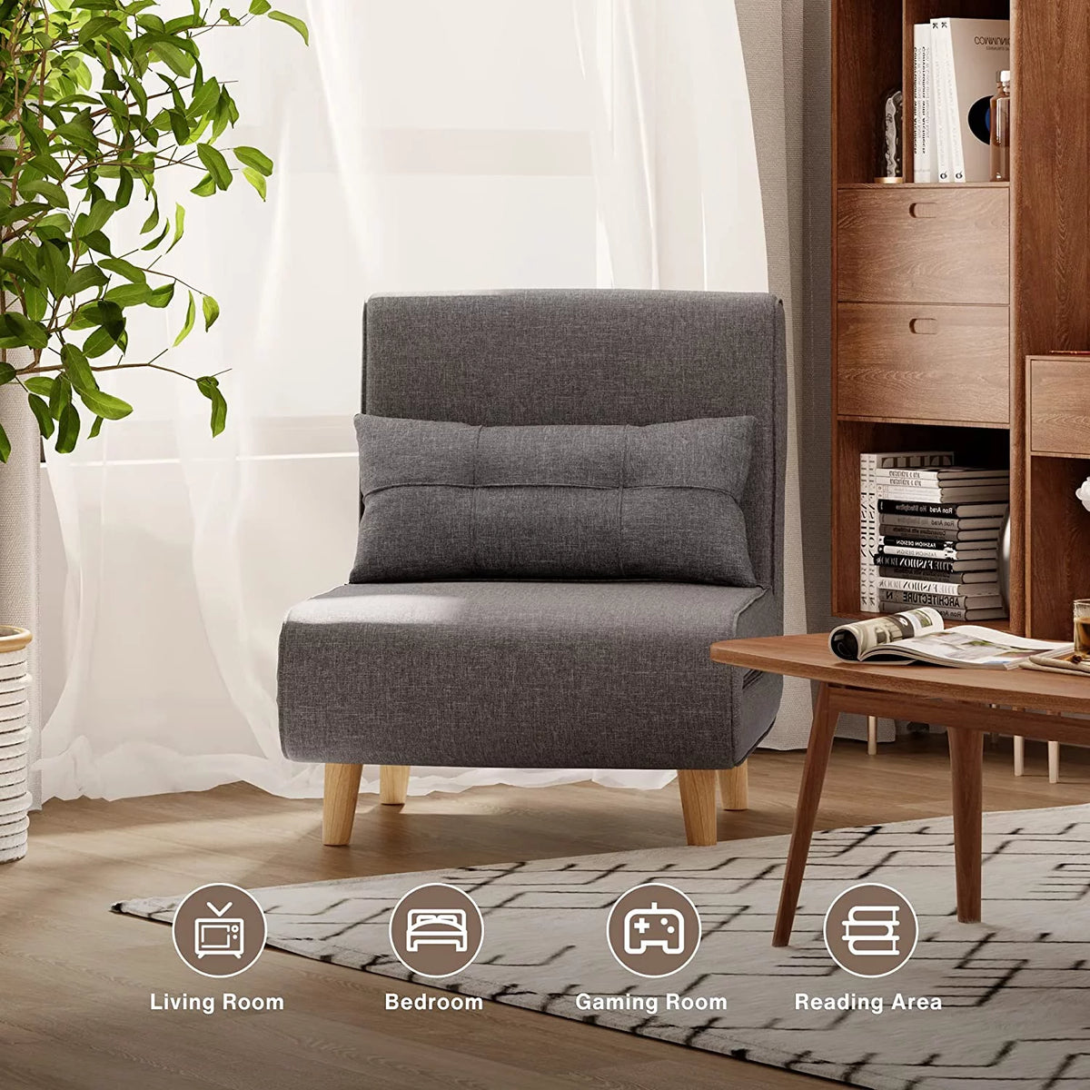 Dark Grey Convertible Sofa Chair Bed with Wood Legs K7757