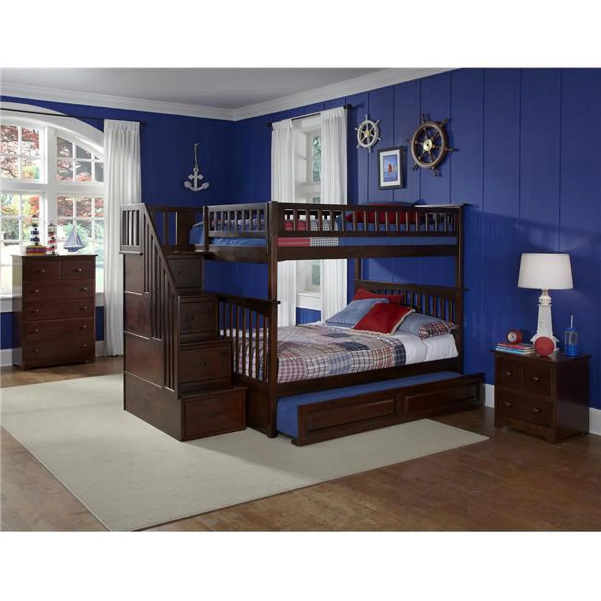 Antique Walnut Full Over Full Size Bunkbed with Trundle Bed I84503