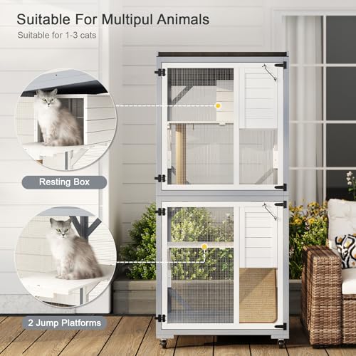Outdoor Cat Enclosure on Wheels, 2-Tier Waterproof Catio with Scratching Post, Gray and White D4961