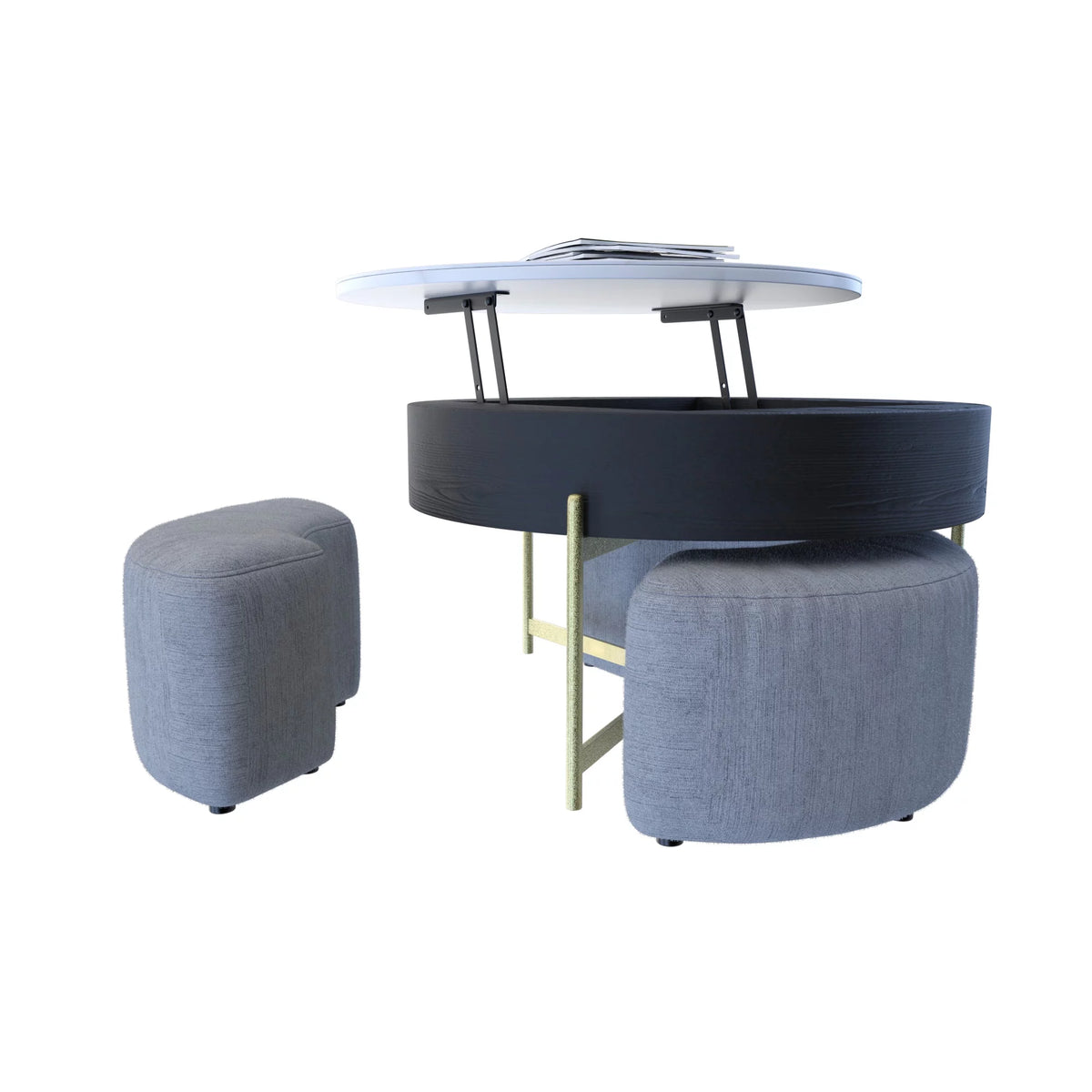 Lift-Top Coffee Table with 3 Stools White Black H75110