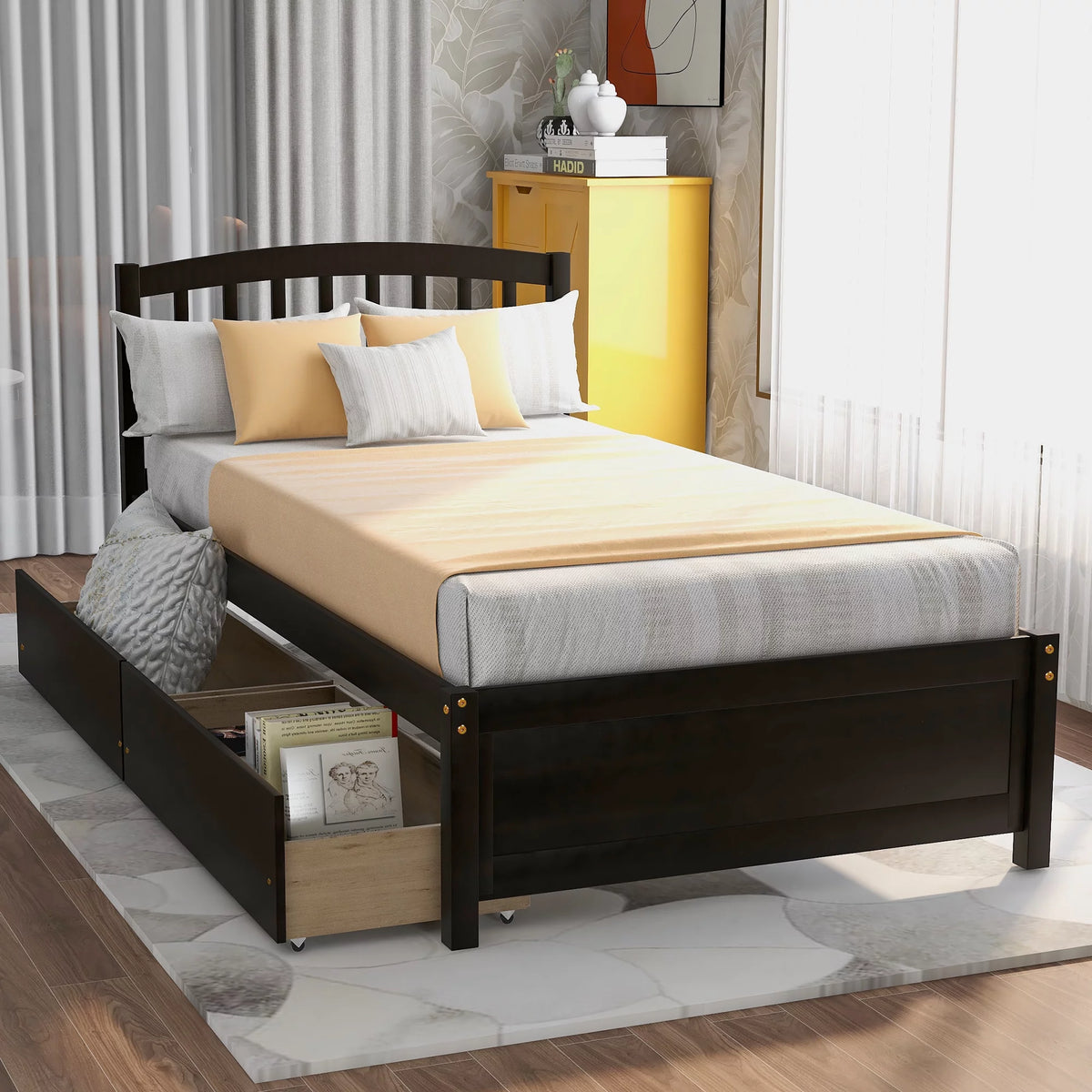 Twin Size Wood Platform Bed with Headboard and Storage L246