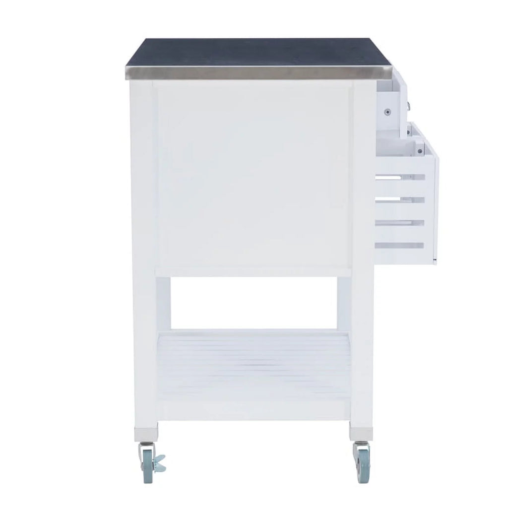 White Wood Stainless Steel Top Kitchen Cart D36766