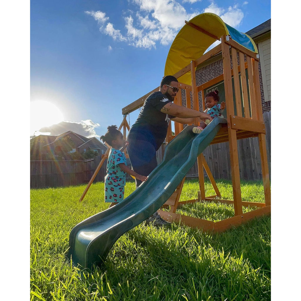 Wooden Outdoor Swing Set with Slide and Rock Wall O79845