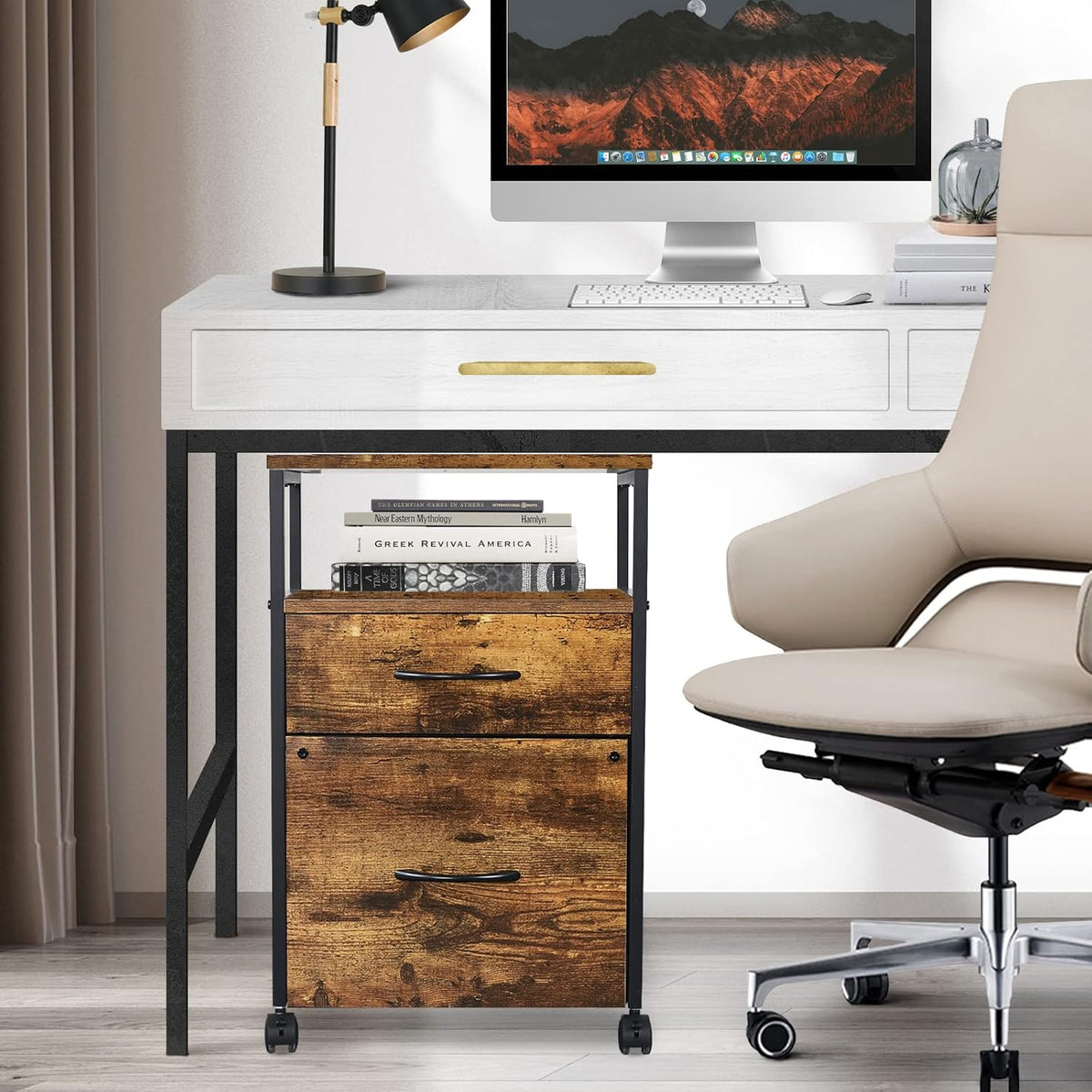 Rustic Brown Black 2 Drawer Rolling File Cabinet with Shelves M935838