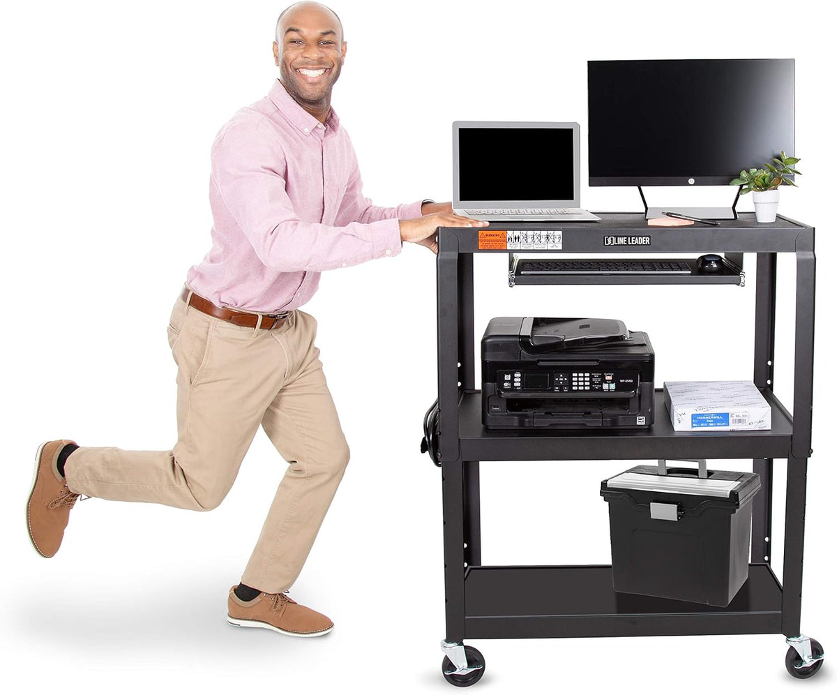 Large AV Cart with Retractable Keyboard Tray Height Adjustable Utility Cart Black 34in x 18in x 42in X34054