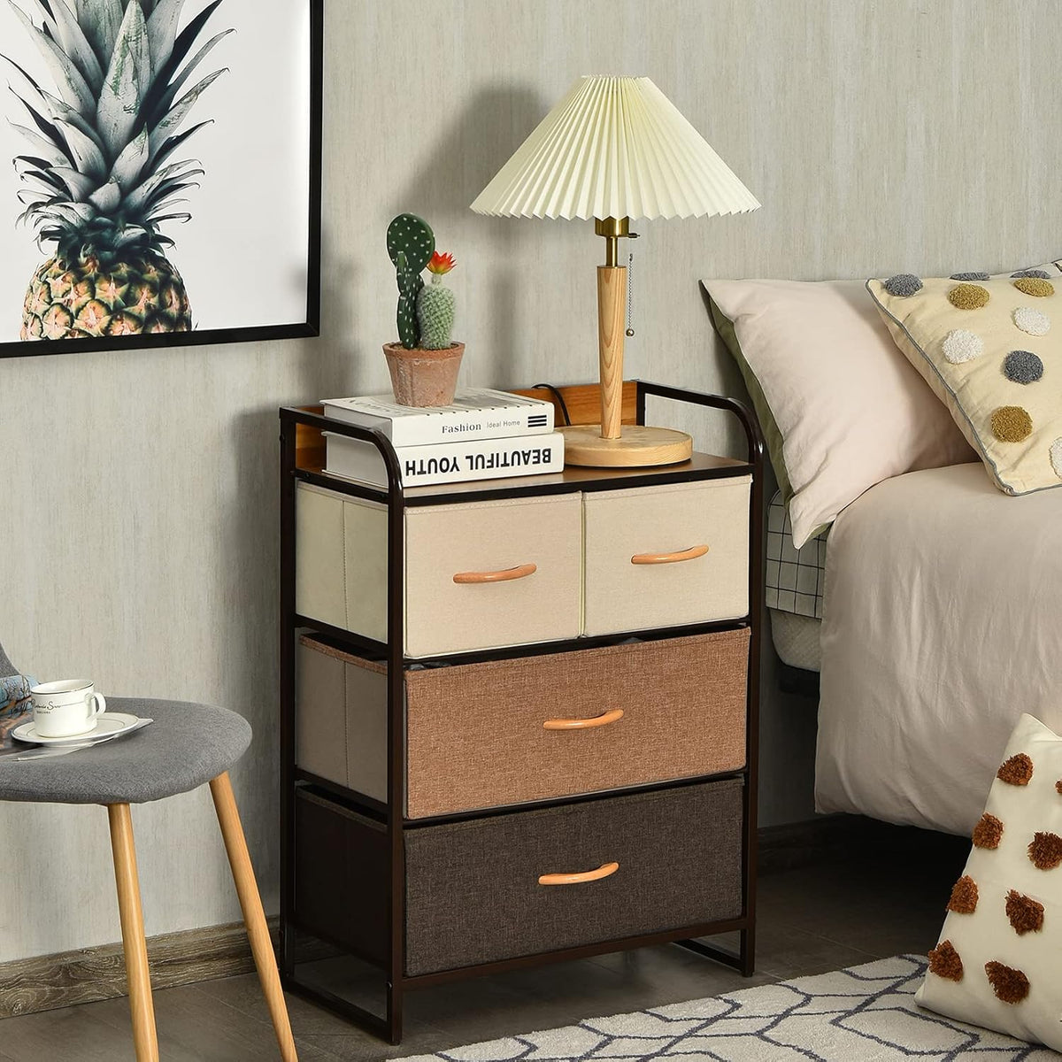 4 Drawer Fabric Dresser with Steel Frame and Wooden Top K573
