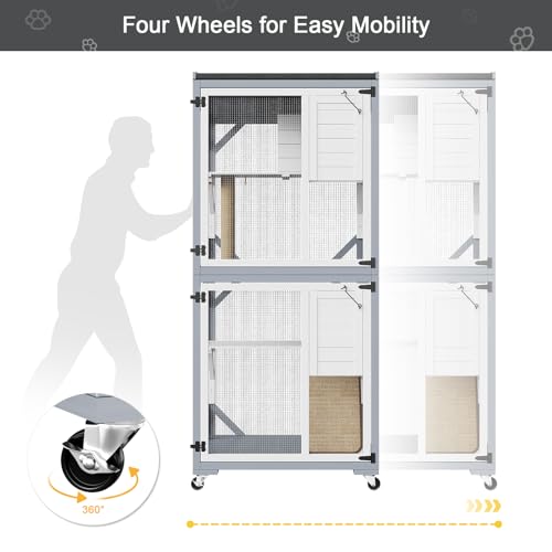 Outdoor Cat Enclosure on Wheels, 2-Tier Waterproof Catio with Scratching Post, Gray and White D4961