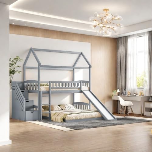 Twin Over Full Bunk Bed with Stairs and Slide, Gray S561