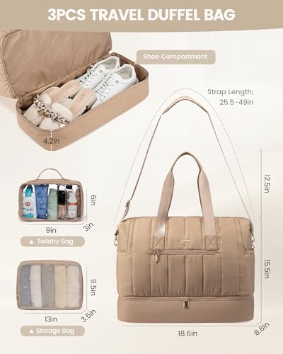Travel Duffle Bag with Shoe Compartment, 42L Overnight Bag, 3Pcs Set E69072