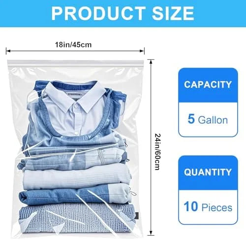 Large 5 Gallon Plastic Storage Bags (10 Pack) - 18" x 24", 2.4 Mil Thick, Resealable Clear Zipper Bags C1477