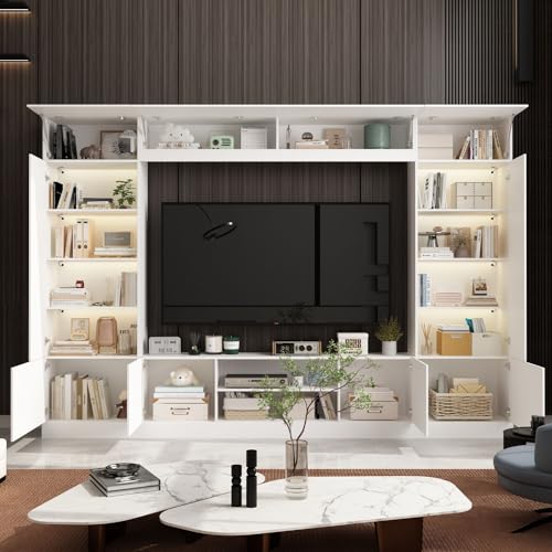 White Entertainment Center with Bookshelves and Doors 81.1"W x 11.8"D x 70.9"H P70708
