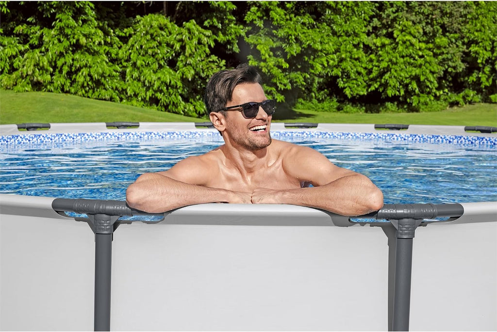 18 Foot x 48 Inch Round Metal Frame Above Ground Swimming Pool Set with Filter Pump, Ladder, and Cover P2824