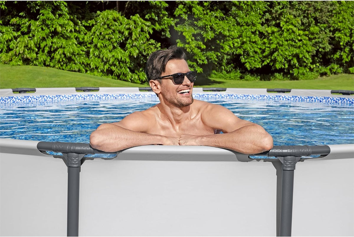 18 Foot x 48 Inch Round Metal Frame Above Ground Swimming Pool Set with Filter Pump, Ladder, and Cover P2824