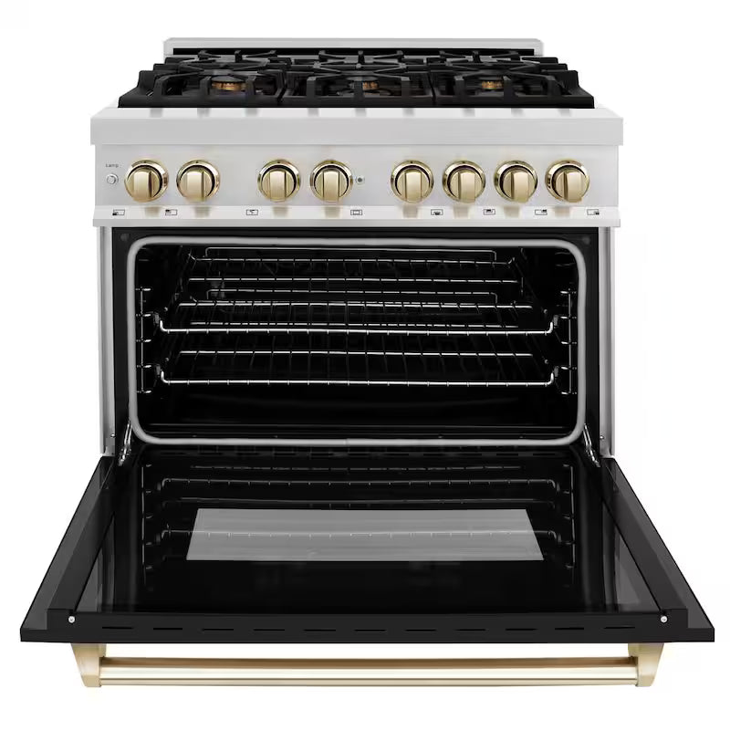 6-Burner Dual Fuel Range with Black Matte Door in Stainless Steel and Polished Gold M908