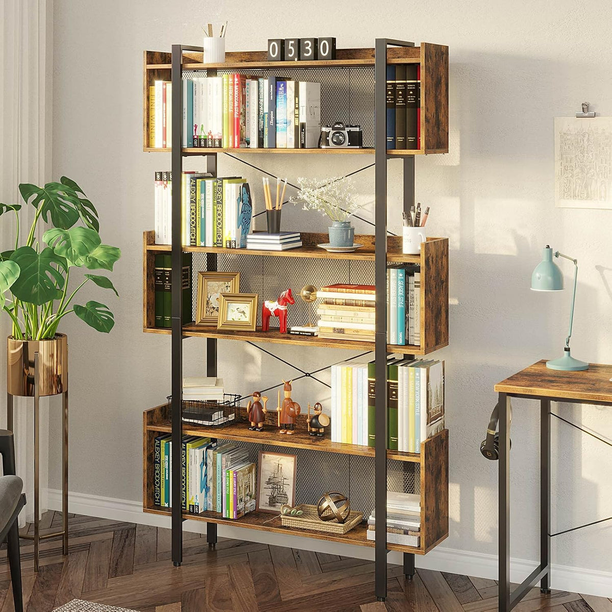 Rustic Brown 6-Tier Wooden Bookshelf with Metal Frame P5067