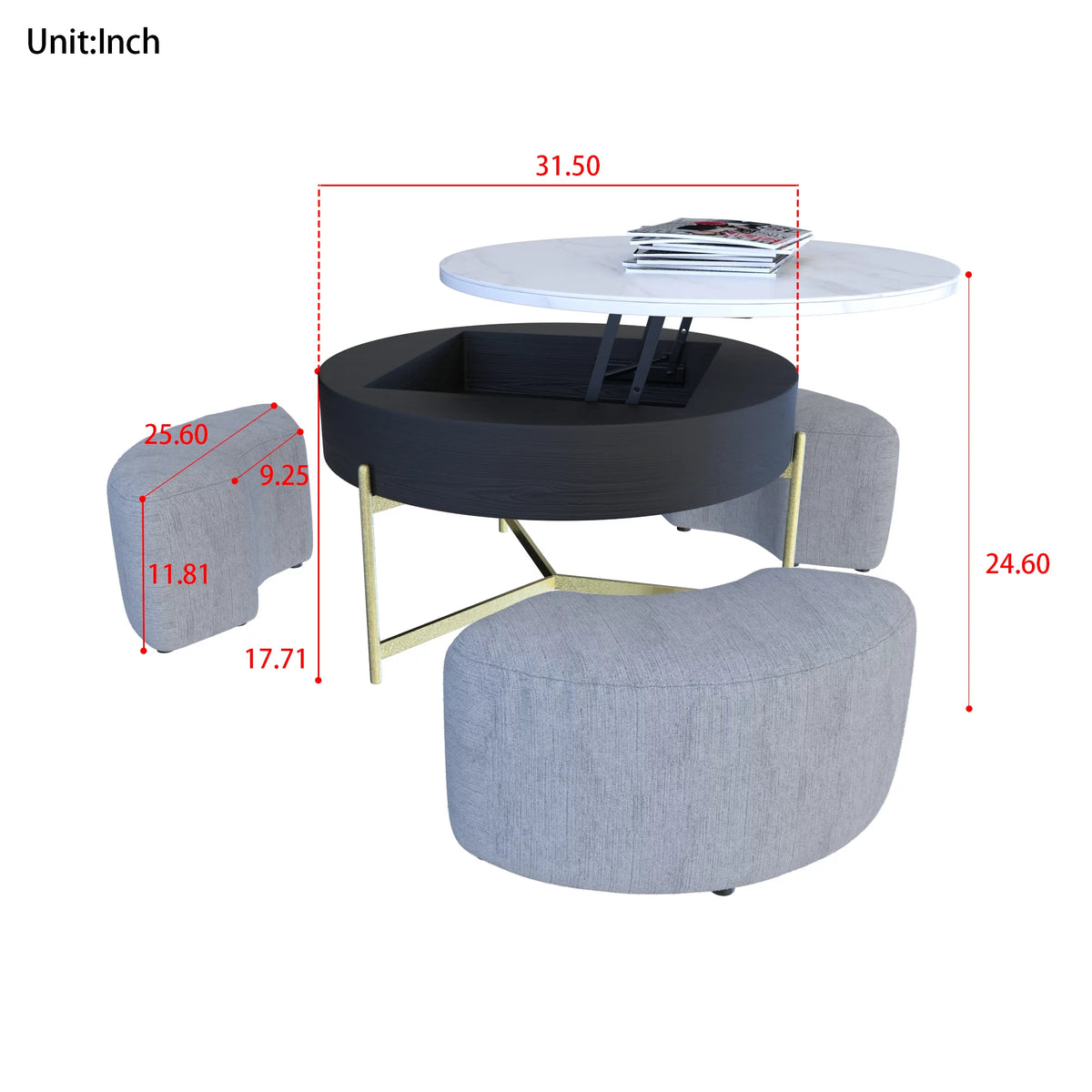 Lift-Top Coffee Table with 3 Stools White Black H75110